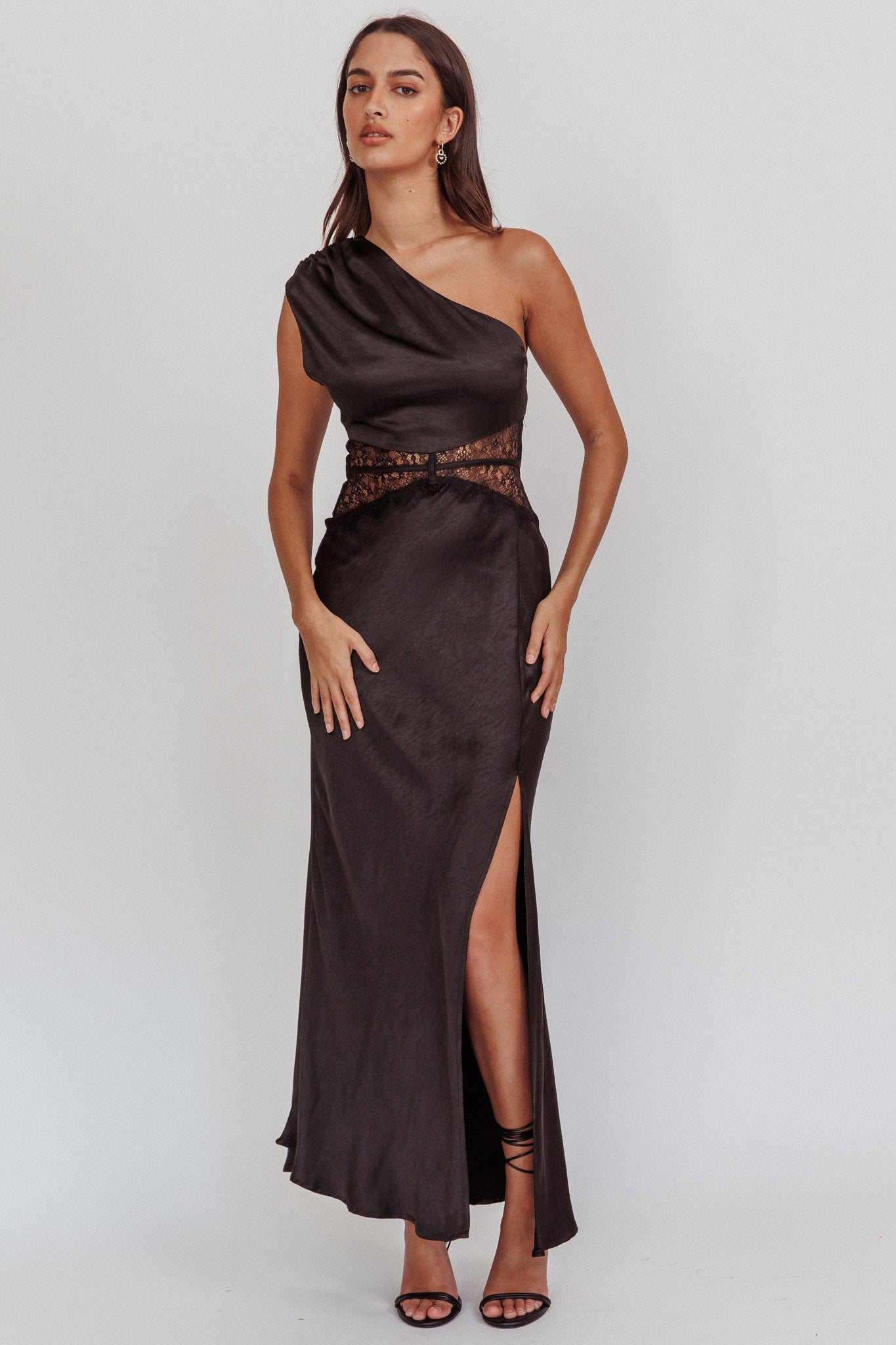 Tarly Lace Waist One-Shoulder Maxi Dress Black