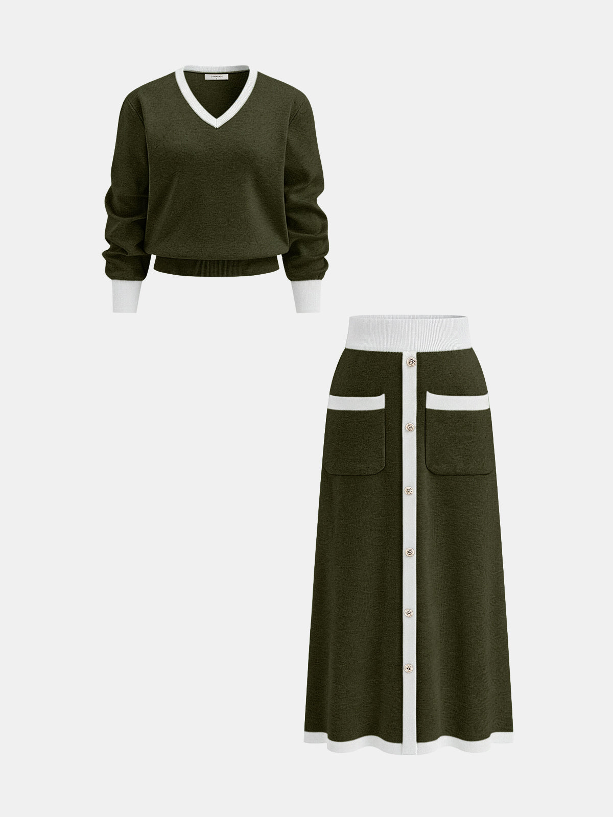 Contrast Trim Knit Top and Midi Skirt Set