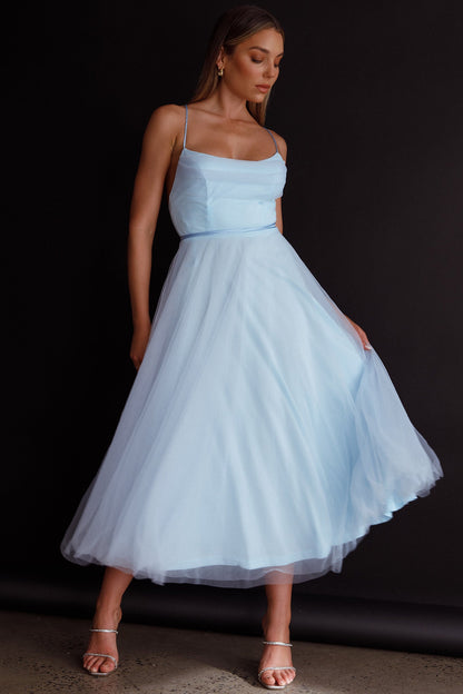 Floating By Pleated Neckline Mesh Midi Dress Blue