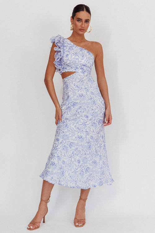 Deanna One-Shoulder Ruffle Midi Dress Floral Blue