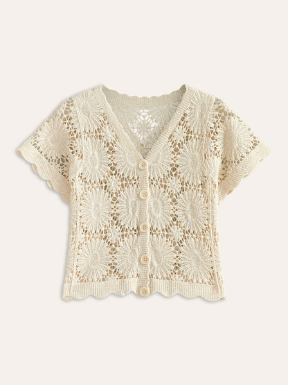 Crochet Floral Button-Front Cardigan