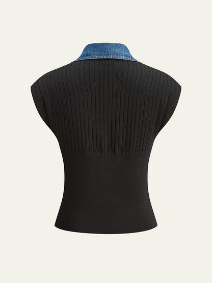 Denim Trim Ribbed Knit Top