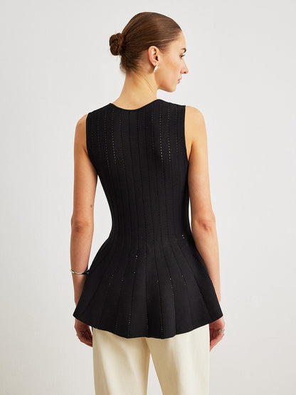 Semi-Sheer Knit Peplum Top With Bow Detail