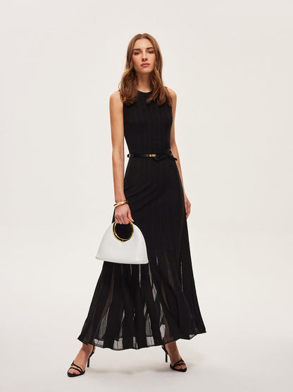 Semi-Sheer Mesh Flared Dress Without Belt