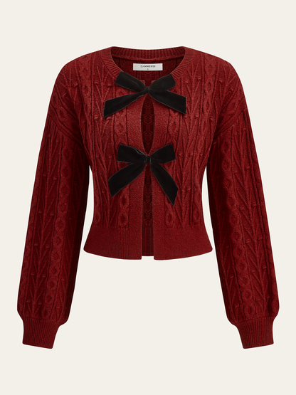 Wool Blend Bow Cable-Knit Cardigan