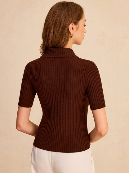 Metal Button Ribbed Knit Polo Top