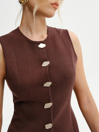 Wool-Blend Sleeveless Button Knit Cardigan