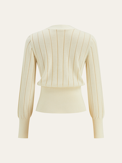 Eyelet-Striped Waist-Cinched Knit Cardigan