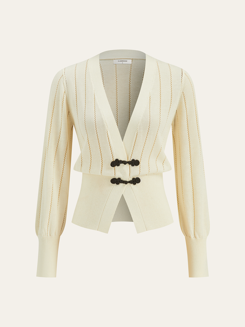 Eyelet-Striped Waist-Cinched Knit Cardigan