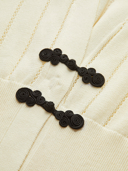 Eyelet-Striped Waist-Cinched Knit Cardigan
