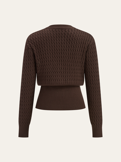 Metal Button V-Neck Cable Knit Outerwear