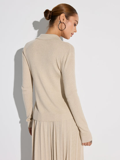 Ribbed Wool Blend Polo Collar Cardigan