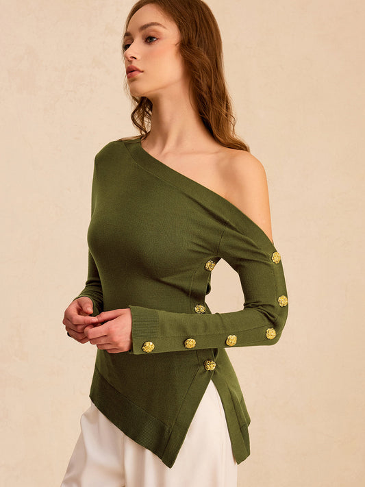 One-Shoulder Metal Detail Asymmetric Knit Top