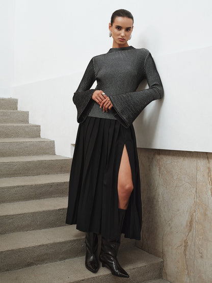 Flared Sleeve Striped Mock Neck Sweater