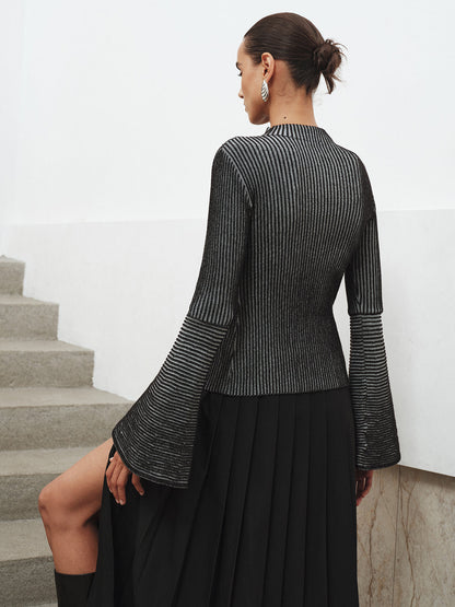 Flared Sleeve Striped Mock Neck Sweater