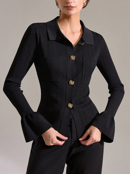 Bell Sleeve Ribbed Knit Polo Top