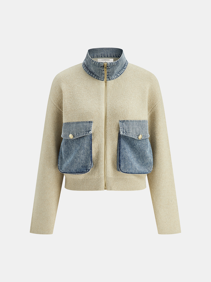 Denim Panel Zipper-Front Knit Cardigan