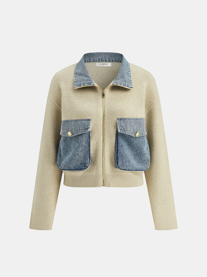 Denim Panel Zipper-Front Knit Cardigan