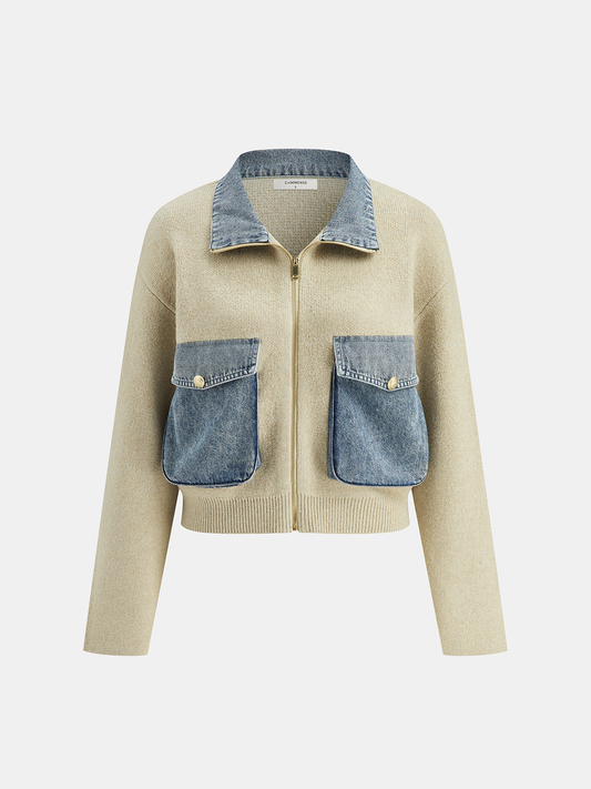 Denim Panel Zipper-Front Knit Cardigan