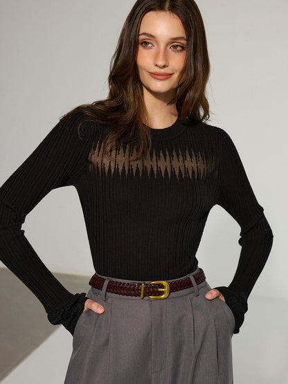 Flared Cuff Sheer Panel Knit Top