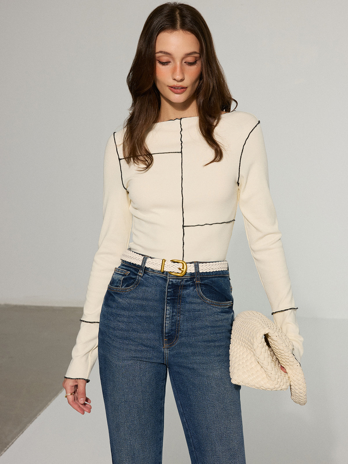 Contrast Stitch Fitted Knit Top