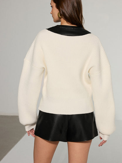 Leather Patchwork Button Down Cardigan