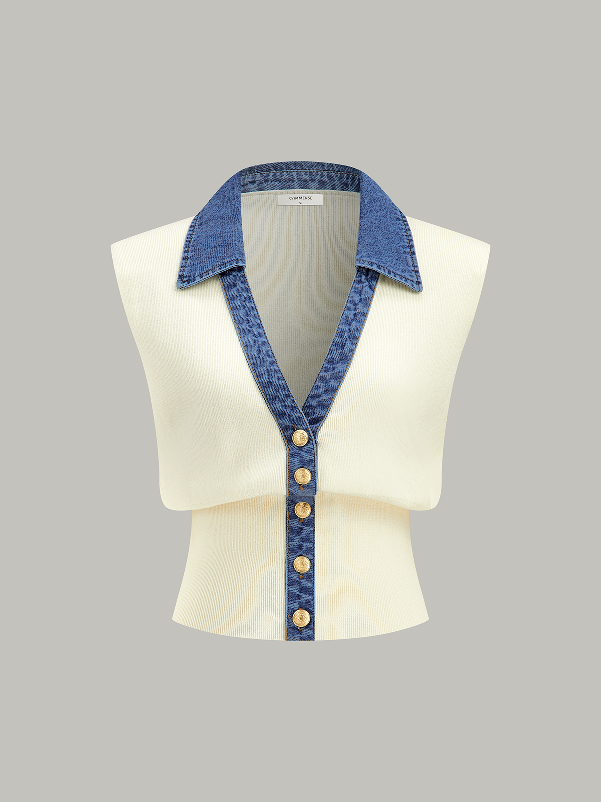 Denim Trim Metal Button Knit Vest