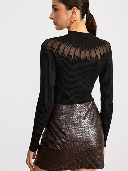 Sheer Panel Mock Neck Sweater