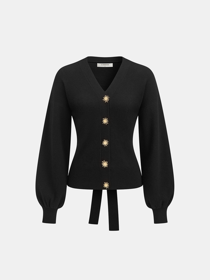 Metal Sun Button Tie-Back Cardigan