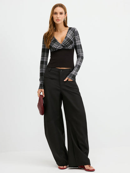 Plaid Paneled Slim-Fit Knit Long Sleeve Blouse