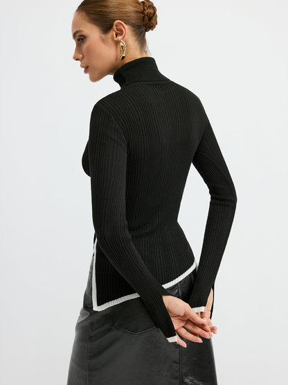 Turtleneck Contrast Trim Slit Wool Blend Knit Top