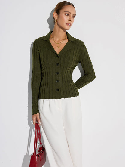 Collared Textured Button Wool Blend Sweater