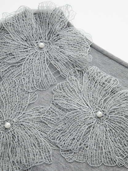 Faux Pearl Decor 3D Floral Fitted Soft Knit Top