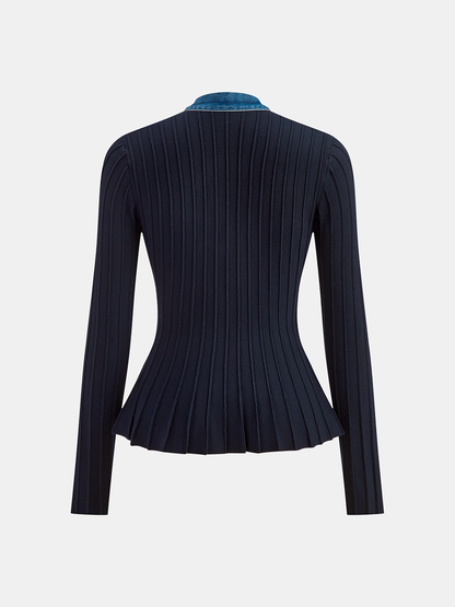 Denim Trim Knitted Peplum Cardigan