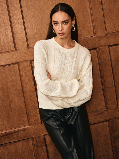 Cinched Waist Cable-Knit Wool-Blend Sweater