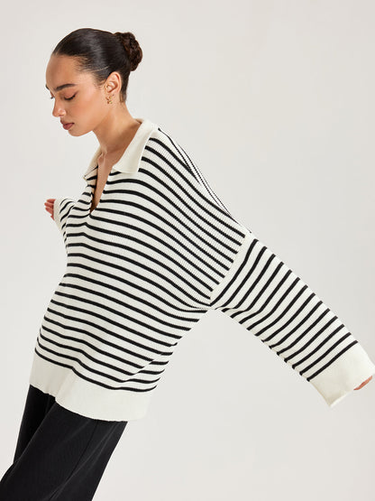 Striped Polo V-Neck Knit Top