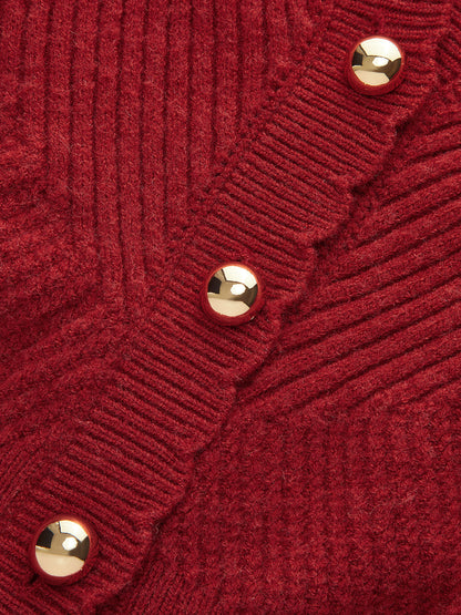 Scalloped Edge Ribbed V-Neck Buttoned Cardigan