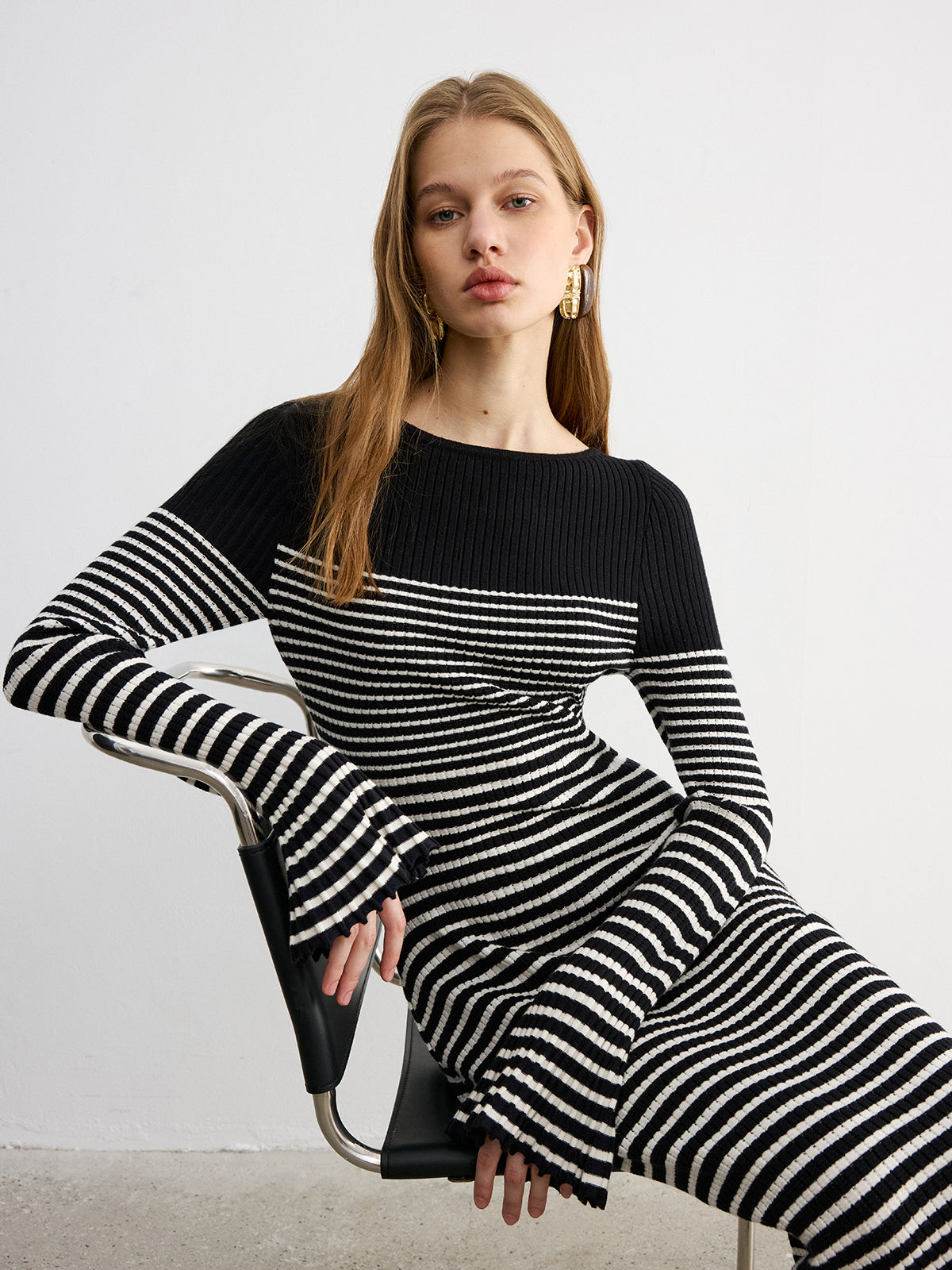Flared Sleeve Color-Block Striped Knit Maxi Dress