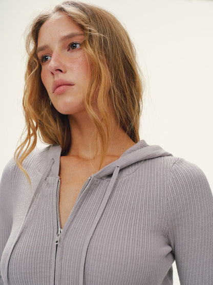 Hooded Ribbed Zip Cardigan