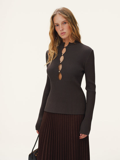 Metal Detail Cut-Out Mock Neck Fitted Sweater