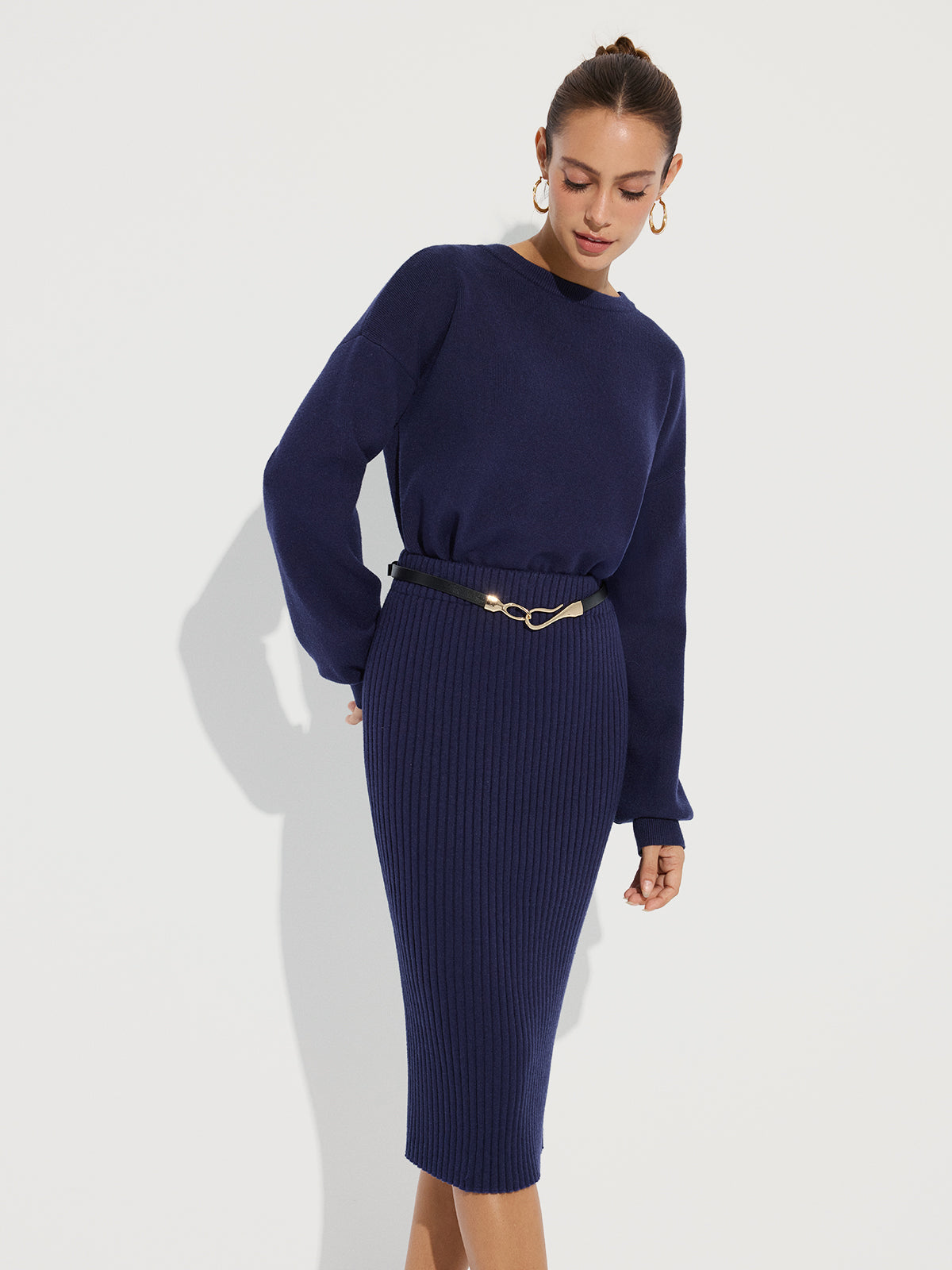 Crew Neck Knit Sweater and Ribbed Midi Skirt