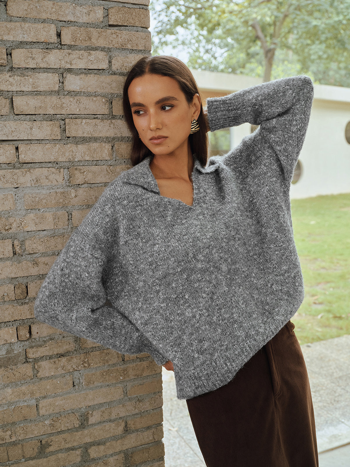 Wool Blend Collared V-Neck Sweater