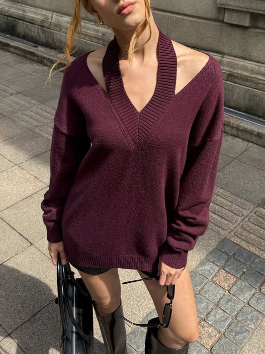 Halter Off-shoulder V-Neck Sweater