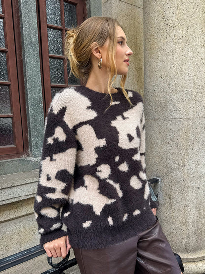 Cow Print Fuzzy Crew Neck Sweater