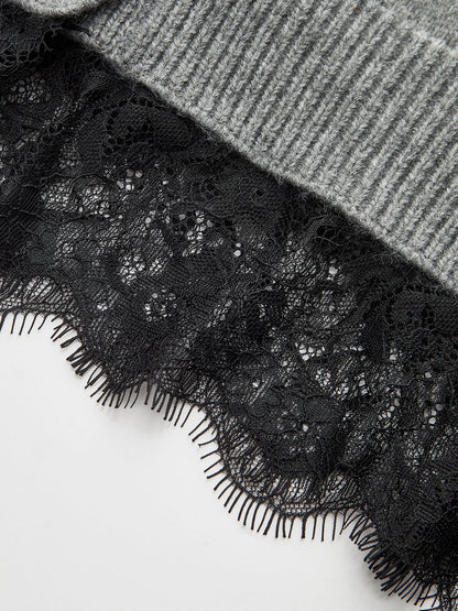 Lace Hem Collared Knit Cardigan