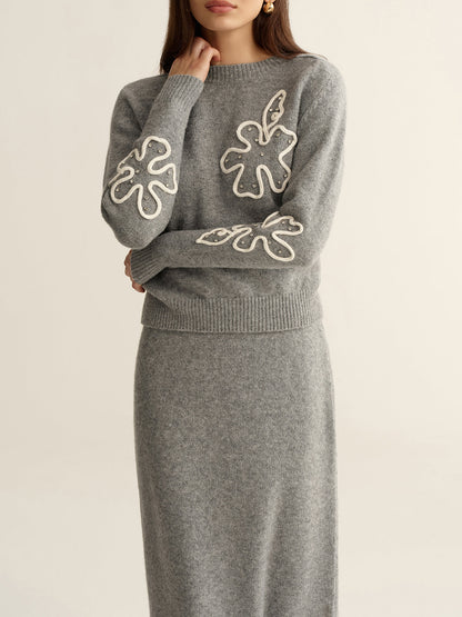 Floral Applique Sweater and Midi Skirt Set