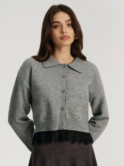 Lace Hem Collared Knit Cardigan