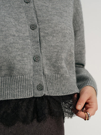 Lace Hem Collared Knit Cardigan