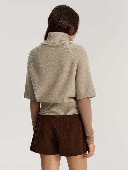 Turtleneck Cable Knit Short Sleeve Sweater without Belt