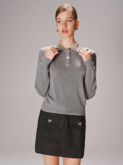 Studded Collar Wool-Blend Knit Polo Sweater